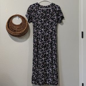 Vintage Black Floral Button-Front Midi-Dress